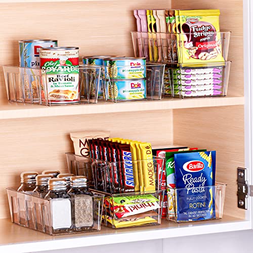 Puricon 4 Pack Pantry Organization and Storage Bins for Kitchen Fridge | Stackable Clear Plastic Storage Racks with Removable Dividers for Countertop Cabinet, 5 Compartments for Snacks Packet Spices