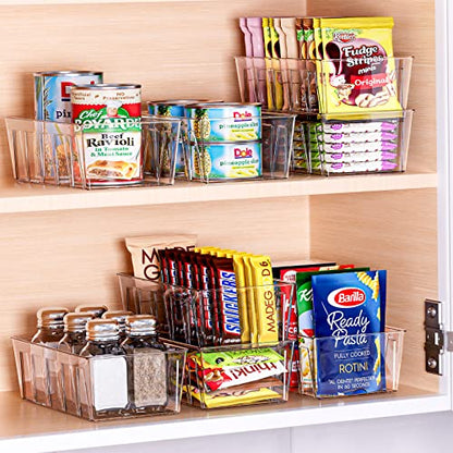Puricon 4 Pack Pantry Organization and Storage Bins for Kitchen Fridge | Stackable Clear Plastic Storage Racks with Removable Dividers for Countertop Cabinet, 5 Compartments for Snacks Packet Spices