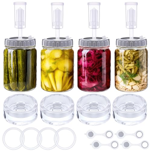 4 Pack Mason Jar Fermentation Kit Fermenting Lids with Airlocks and Glass Weights Wide Mouth Mason Jars Fermentation Supplies for Sauerkraut Pickles Kimchi (Jars Not Included)
