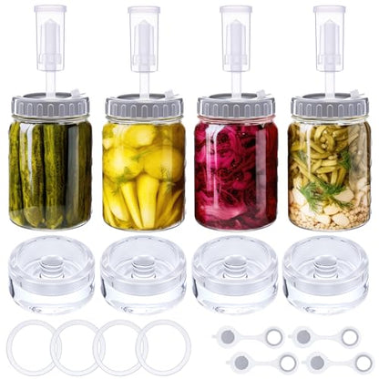 4 Pack Mason Jar Fermentation Kit Fermenting Lids with Airlocks and Glass Weights Wide Mouth Mason Jars Fermentation Supplies for Sauerkraut Pickles Kimchi (Jars Not Included)