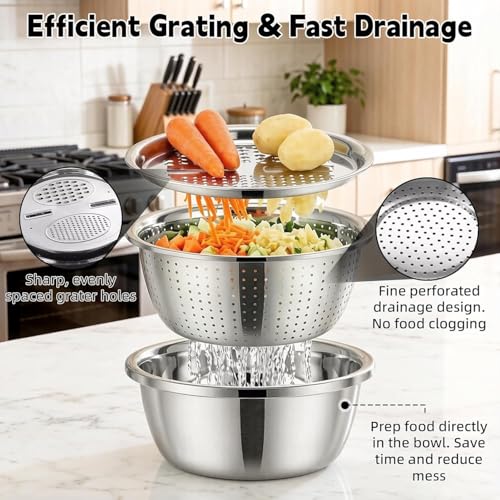 Germany Multifunctional Stainless Steel Basin - 2026 New 3-in-1 Grater Strainer and Drain Basket Set with Vegetable Slicer, 10.24 Inch for Kitchen Rinsing Draining Mixing