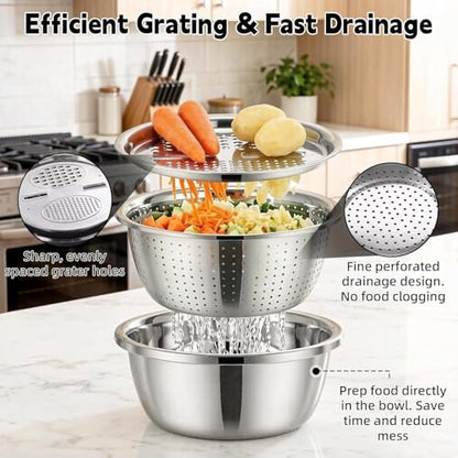 Germany Multifunctional Stainless Steel Basin - 2026 New 3-in-1 Grater Strainer and Drain Basket Set with Vegetable Slicer, 10.24 Inch for Kitchen Rinsing Draining Mixing