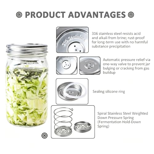 Stainless Steel Fermentation Lids Kit with Springs and Silicone Airlock for 16/24/32/64Oz Wide Mouth Mason Jars, Fermenting Set for Pickling, Kimchi, Kombucha & Sauerkraut，2PCS - color: 2PCS