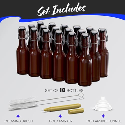 Nevlers 8.5 Oz Amber Swing Top Glass Bottles with Airtight Lid 18 Pack | Beer Bottle with Stopper , Funnel, Brush & Marker | Reusable Flip Top Glass Bottle Set | Homemade Vanilla Extract Bottles - size: 18 Pack, style: 8.5 Ounce