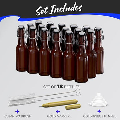 Nevlers 8.5 Oz Amber Swing Top Glass Bottles with Airtight Lid 18 Pack | Beer Bottle with Stopper , Funnel, Brush & Marker | Reusable Flip Top Glass Bottle Set | Homemade Vanilla Extract Bottles - size: 18 Pack, style: 8.5 Ounce