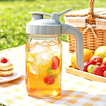 Glass Pitcher With Lid 32 OZ 2 Pack Mason Jar Breast Milk Storage with Pour Spout Airtight & Leakproof 1 Quart Wide Mouth Water Jug With Flip Cap For Cold Brew Coffee Iced Tea Sun Tea Lemonade Juice