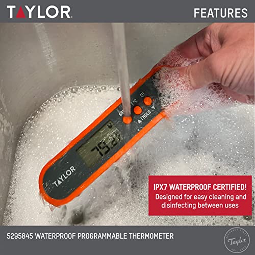 Taylor Digital Waterproof Meat Thermometer for GLP-1 High Protein Meal Prep – Folding Probe for Chicken, Salmon, Steak – Programmable Presets, Backlit Display for Oven, Grill, Orange