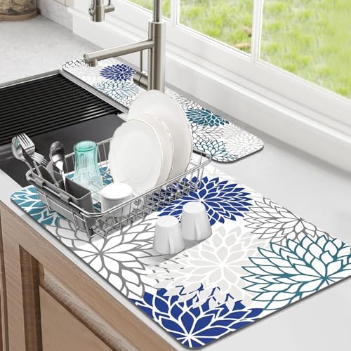 Findosom 2PCS 16" x 24" Dish Drying Mat & 24" x 5.5" Sink Splash Guard, Super Absorbent & Cuttable Dish Mat Drying Kitchen Mat with Blue Floral, Hide Stain Drying Mat for Kitchen Counter - color: Blue, size: 16" X 24" + 24" X 5.5"