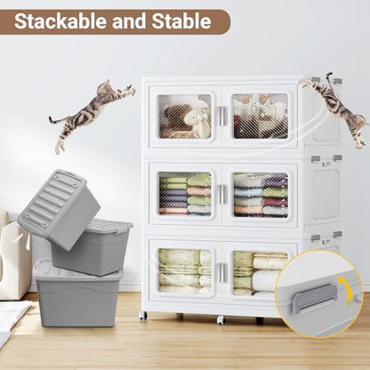 BROVIEW 660Qt Extra Large Stackable Storage Bins with Lids,165Gal Stackable Storage Bins Open Front with Wheels, Plastic Storage Cart Organizer and Storage for Home Kitchen, 3 Packs, White