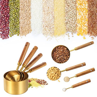 Gold Measuring Cups and Spoons Set,8 Piece Premium Stainless Steel Measuring Cups with Wood Handles,4 Stackable Wooden Measuring Cups and 4 Measuring Spoons Set for Baking Supplies in the Kitchen - color: Gold-8Piece