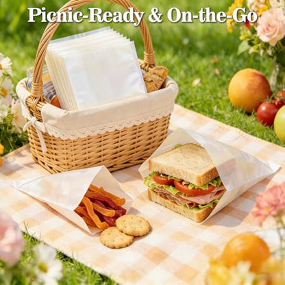MAQIHAN 200 Paper Sandwich Bags - 8"x8" Wax Paper Lunch Bags, White Cookie Glassine Bags for Food Take Out, Cookie Sleeves, Food Packaging for Bread, Toaster, Bagel, Pastry, Treat, Snack, Soaps - size: 8x8"