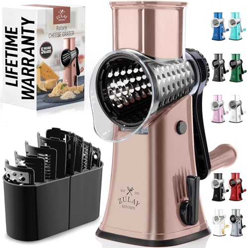 Zulay Kitchen Rotary Cheese Grater 5 Blade Cheese Shredder - Manual Hand Crank Cheese Grater With Reinforced Suction & 5 Interchangeable Drums - Easy to Use, Vegetable Chopper Round Mandoline Slicer - color: Rose Gold & Black