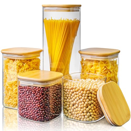 Multi Size - 5 Pack Square Glass Jars with Bamboo Lids, Glass Food Storage Containers with Airtight Lids for Kitchen, Air Tight Pantry Storage Containers for Cereal, Pasta, Rice, Sugar, Coffee, Spice - color: Multi Size 5 Pack