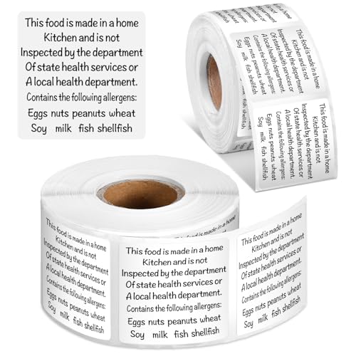 500 Count Cottage Food Law Labels Stickers Made in a Home Kitchen Decal 1.5” Square Food Thermal Printed Stickers with Allergen Warning for Home Kitchen Bakery Bread Sourdough - color: White, style: Allergy Warning