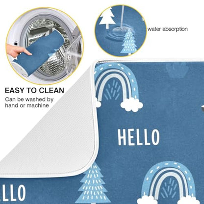Raccoon Rainbow Tree Blue Dish Drying Mat for Kitchen Counter Super Absorbent Draining Mat with Non-slip Backed Dish Rack Pad for Draining Racks Countertops Sinks Dish Bottles Cups Bowl