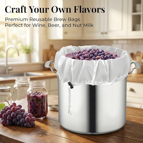 2 Pack Reusable Brew Bags - Extra Large Fine Mesh Strainer Bag for Home Brewing, 26"x22", 16"x18" Straining Bag for Beer Grape Wine Press Fruit Cider Juice Grain Milk Making, Adjustable Drawstring