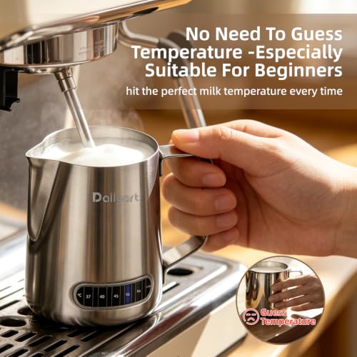 Milk Frother Cup, Dailyart 304 Stainless Steel Milk Frothing Pitcher with Thermometer - Milk Pitcher with Scale Espresso Machine Accessories for Coffee, Cappuccino, Espresso, Latte Art (600ml/20oz) - size: 20.3 Ounces