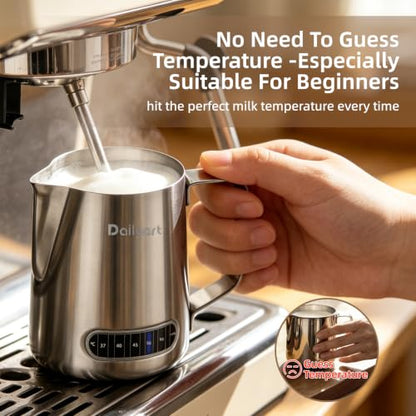 Milk Frother Cup, Dailyart 304 Stainless Steel Milk Frothing Pitcher with Thermometer - Milk Pitcher with Scale Espresso Machine Accessories for Coffee, Cappuccino, Espresso, Latte Art (600ml/20oz) - size: 20.3 Ounces