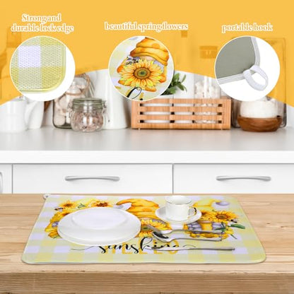 SiliFine 2 Pcs Sunflower Dish Drying Mat for Kitchen, Summer Absorbent Microfiber Dish Mat Counter Sunflower Gnome 18 x 24 Inch Dish Draining Mat Dish Drying Pad Reusable Washable Mat - style: Sunflower