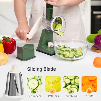 Upgraded Rotary Cheese Grater with 3 Interchangeable Stainless Steel Drums, One-Press Powerful Suction Manual Vegetable Shredder & Slicer for Kitchen, 15pcs Storage Bags Included, Olive Green - color: Olive Green