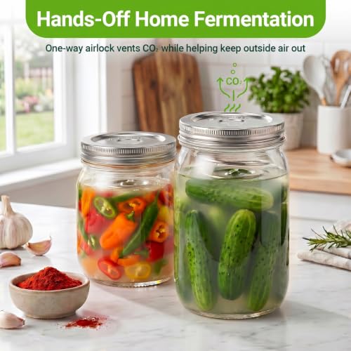 Fermentation Kit to Make Perfect Pickles, Sauerkraut, Kimchi & Probiotic-Rich Vegetables, Easy Pickling Kit for Wide Mouth Mason Jars with Venting Lids & Fermenting Springs