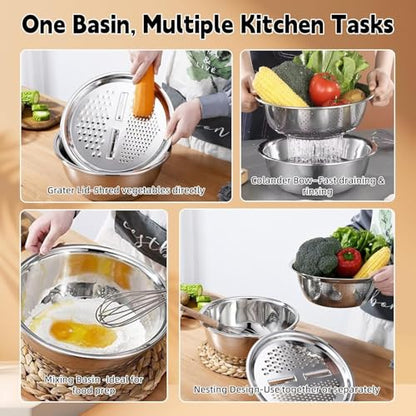 Germany Multifunctional Stainless Steel Basin - 2026 New 3-in-1 Grater Strainer and Drain Basket Set with Vegetable Slicer, 10.24 Inch for Kitchen Rinsing Draining Mixing