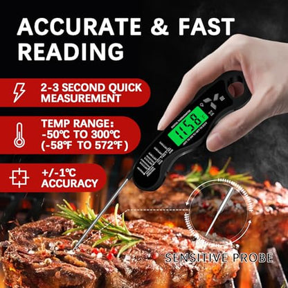 Meat Thermometer Digital，IP67 Waterproof Cooking Thermometer with Backlight, Calibration & Hold Function，Food Thermometer for Cooking,Outdoor Grilling - color: Black