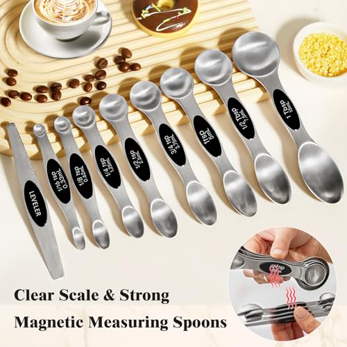 13pcs Stainless Steel Measuring Cups and Spoons Set, Including 8 Double-Sided Magnetic Measuring Spoons Set & 1 Leveler, 4 Metal Measuring Cups - color: Black