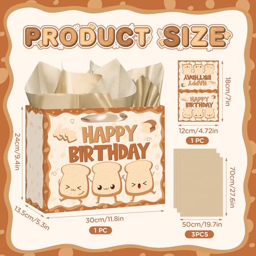 귀여운 빵 생일 선물 가방 만화 토스트 베이커리 테마 생일 포장지 선물 가방 인사말 카드 포함 어린이 성인 베이커리 Bday 베이비 샤워 파티 선물 교실 학교 졸업 장식 - color: 토스트 브레드