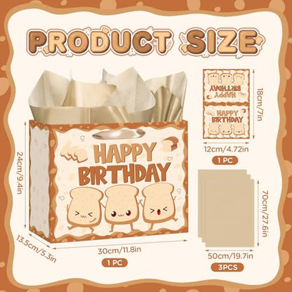 귀여운 빵 생일 선물 가방 만화 토스트 베이커리 테마 생일 포장지 선물 가방 인사말 카드 포함 어린이 성인 베이커리 Bday 베이비 샤워 파티 선물 교실 학교 졸업 장식 - color: 토스트 브레드