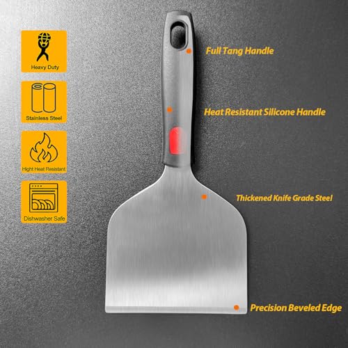 Vovoly Wide Griddle Scraper, 4.3“x4.3'' Smashed Burger Scraper Grill Scraper Spatula Burger Turner - Full Tang Silicon Handle Professional Grade Grill Accessories, Knife Grade Stainless Steel - color: Grill Scraper_Silicon Handle