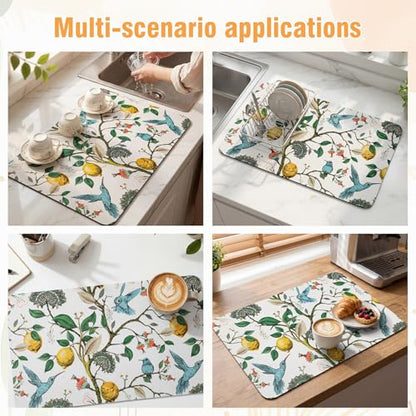 LemonRoad Dish Drying Mat for Kitchen Counter, 12"x20" Absorbent Coffee Bar Mat with Hummingbird Lemon Tree, Diatomite Drainer Drying Mats with Non-slip Backing for Kitchen Sink Countertop - style: Hummingbird Lemon Tree