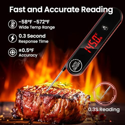 Meat Thermometer Digital, 0.3s Instant Read Food Thermometer with Auto-Rotating LED Display & Calibration Function, Magnetic Back for Cooking, Grilling, BBQ, Smoker (Red) - color: Red