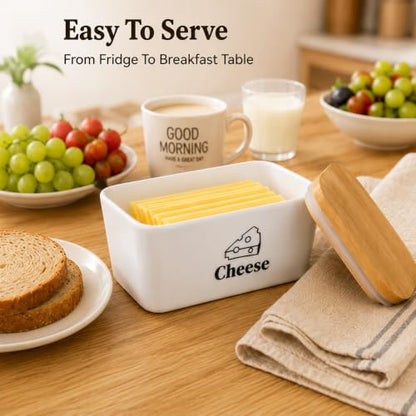 Cheese Container for Refrigerator, Ceramic Cheese Keeper with Airtight Bamboo Lid, Lunch Deli Meat Containers for Fridge,Shredded Cream Block Sliced,Grated,Cheddar Cheeses Storage Box Saver keeper