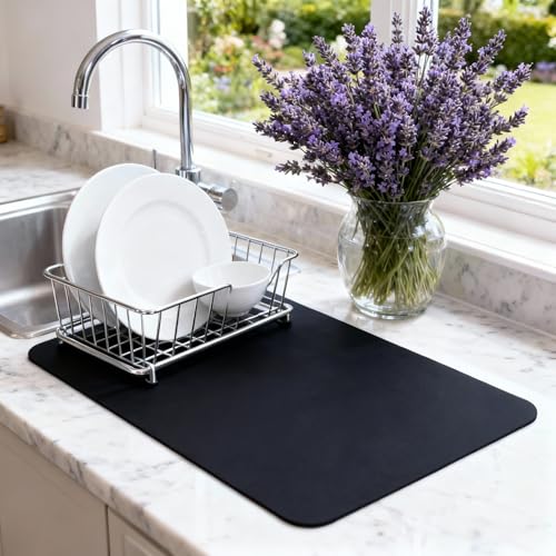 Dish Drying Mat Super Absorbent – 12" x 18" Coffee Mat for Countertops – Non-Slip Drying Mat for Kitchen Counter – Easy to Clean Water Absorbent Mat – Quick Dry Dish Drying Mats (Black) - color: Black, size: 12" x 18"