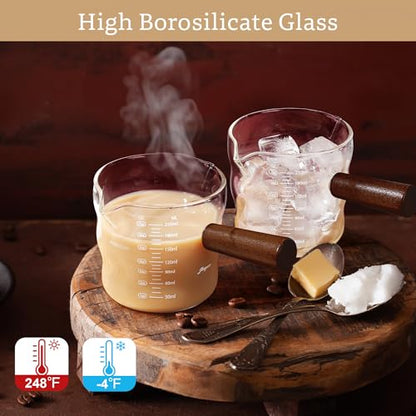 Joeyan Espresso Measuring Cup, Espresso Shot Cups, Glass Measuring Cup with Double Spouts and Wood Handle, Wave Shaped Triple Pitcher Milk Cup, Borosilicate Clear Coffee Bar Accessories, 9 oz - color: Clear wavy espresso cup- double spouts