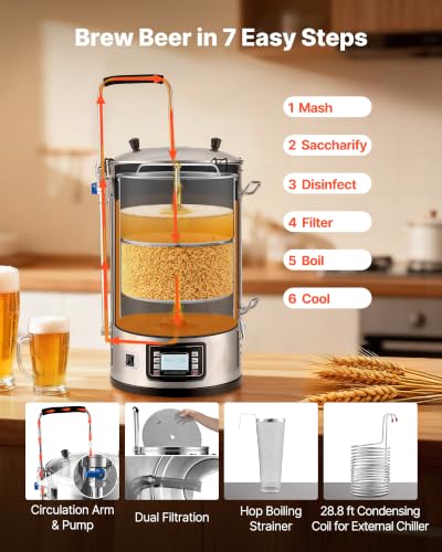 VEVOR Electric Brewing System, 9.2 Gal/35 L Brewing Pot, All-in-One Home Beer Brewer w/Pump, Mash Boil Device w/Panel, Auto/Manual Mode 100-1800W Power 25-100℃ Temp 1-180 min Timer Recipe Memory - size: 9.2 Gal