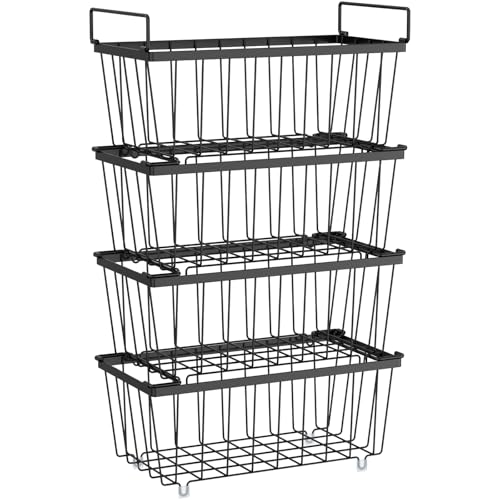 iSPECLE Freezer Organizer Bins - Fits 7 Cu.Ft Chest Freezer, 4 Pack Stackable Deep Freezer Organizer Bins (14.7" L) Easy Get Bottom Food with Handle, Wire Baskets Rust Resistant Sort Frozen Food - color: 4-Pack Black
