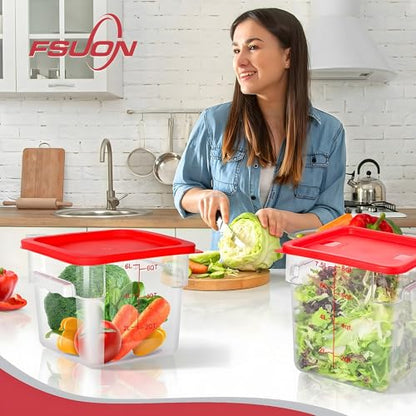 4 Pack 6 Qt Square Polycarbonate Food Storage Containers with Lids | Clear BPA-free PC with lids, side handles, measurement scale and stackable design; for food prep, storage and freezer use. - color: 6Qt