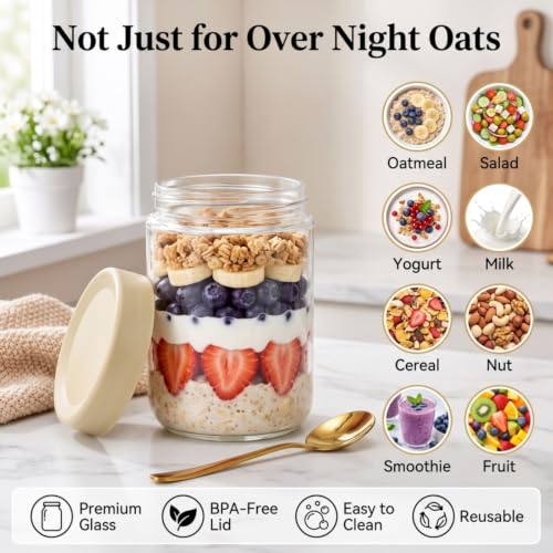 Cididu 8 Pack Overnight Oats Jars with Airtight Lids, 16 Oz Stackable Glass Jars, Leakproof Food Storage Containers, Meal Prep Containers for Oats, Meal Prep, Smoothies, Yogurt, and Salad