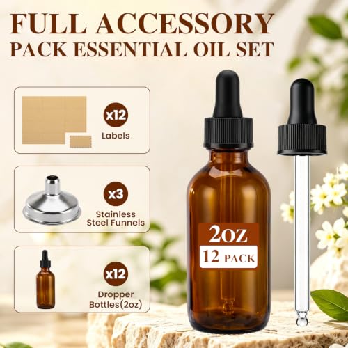 2 oz Glass Dropper Bottles with 3 Stainless Steel Funnels & 12 Labels, Amber Tincture Bottles with Dropper for Essential Oils, Liquid Extracts, Beauty & Personal Care (12 Pack)