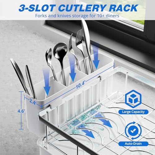 Godboat 2-Tier Dish Drying Rack - 304 Stainless Steel Dish Rack Auto Drain | Dish Racks for Kitchen Counter, Dish Drainer with Knife Fork & Cup Rack, Gifts for Women, Mothers Day, Kitchen Gadget, Silver - size: X-Large (2-Tier/Silver)
