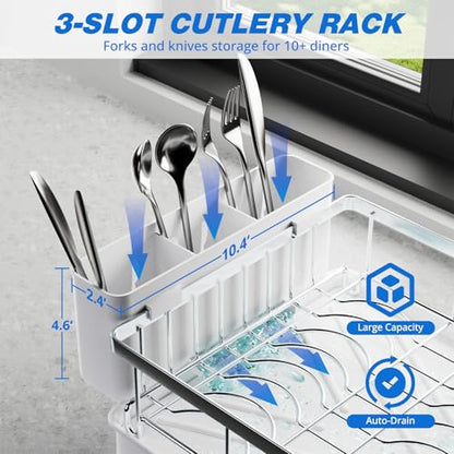 Godboat 2-Tier Dish Drying Rack - 304 Stainless Steel Dish Rack Auto Drain | Dish Racks for Kitchen Counter, Dish Drainer with Knife Fork & Cup Rack, Gifts for Women, Mothers Day, Kitchen Gadget, Silver - size: X-Large (2-Tier/Silver)