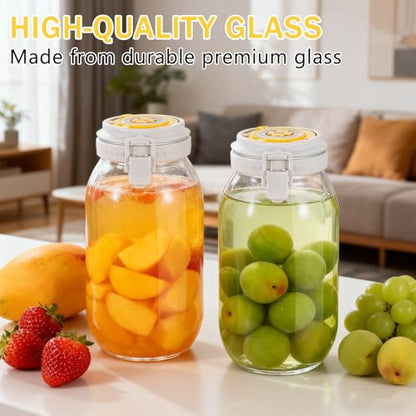 2 Pack Fermentation Jar with Automatic Venting & Date Marker - 2L Airtight Glass Storage Jar for Pickles, Kimchi, Jams, Dry Goods, Leak-Proof Food Container (0.53 US Gal / 67.6 US fl oz)