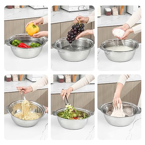 Paoli 304 Stainless Steel Fine Mesh Colander Set, 3.5QT Large Capacity Strainer with Mixing Bowl — Rinse Fruits, Veggies, Rice & Drain Pasta, Dishwasher Safe (2-Piece) - color: Primary color with handle, size: 3.5qt