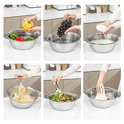 Paoli 304 Stainless Steel Fine Mesh Colander Set, 5QT Large Capacity Strainer with Mixing Bowl — Rinse Fruits, Veggies, Rice & Drain Pasta, Dishwasher Safe (2-Piece) - color: Primary color with handle, size: 5qt