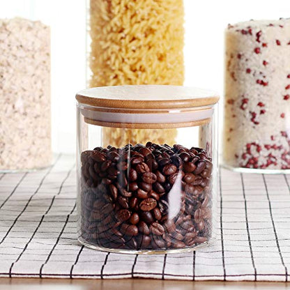 LEAVES AND TREES Y Stackable Kitchen Canisters Set, Pack of 5 Clear Glass Food Storage Jars Containers with Airtight Bamboo Lid for Candy, Cookie, Rice, Sugar, Flour, Pasta, Nuts - color: Round-3.9 IN-5Pack