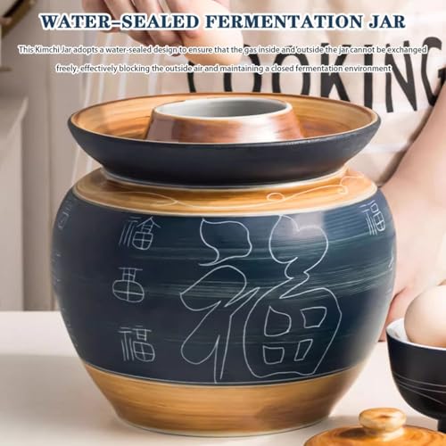 Traditional Chinese Fu Pattern Kimchi Jar, Double-lid Fermentation Crock, Thickened Ceramic Pickling Vessel, for Kombucha(10kg/352.7oz) - size: 10kg/352.7oz