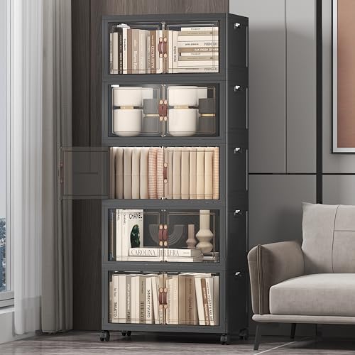 UAMFURI Stackable Storage Bins with Lids, 260QT Closet Organizers and Storage Cabinet with Doors & Wheels, Lockable Plastic Foldable Drawers for Bedroom Dorm Office Garage（52QT*5,Black） - color: Black, size: 19.7"L