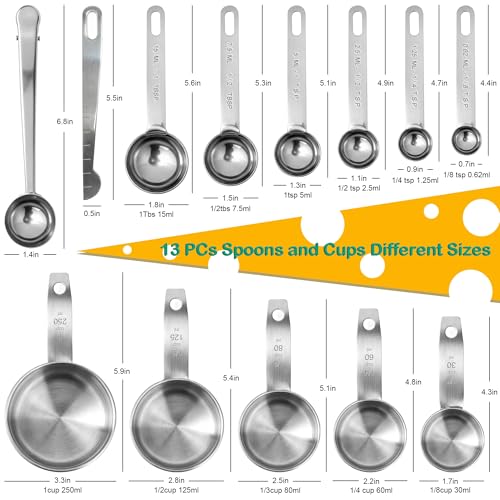 Measuring Cups and Spoons Set of 13, Stainless Steel 5 Nesting Measure Cups Set & 6 Measuring Spoons Set & 1 Leveler +1 Spoon Clip - Kitchen Baking Tools for Cooking.